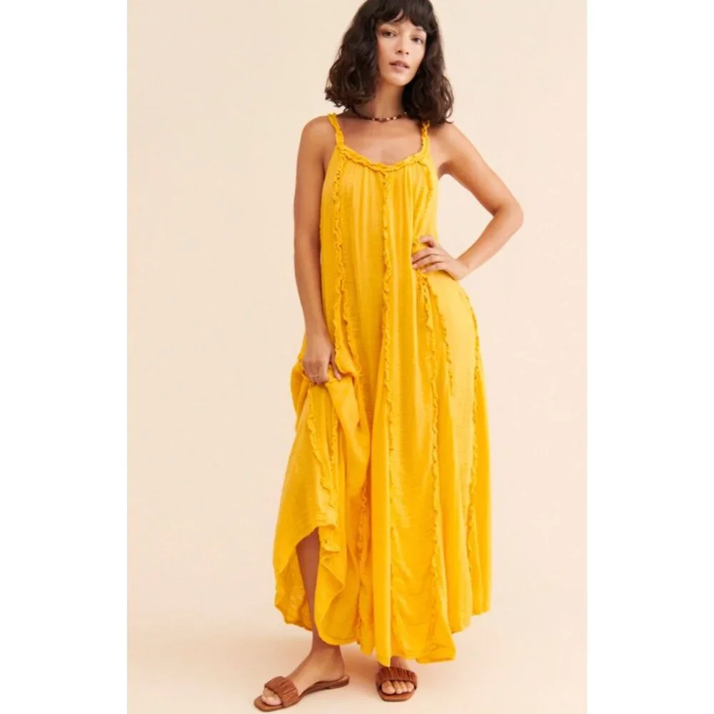 Free People Mckinley Ruffle Maxi Dress, Boho Chic Summer Staple, Banana Yellow S - Picture 3 of 10